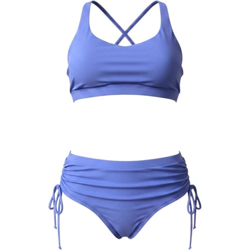 Onzie Purple Blue Strappy Sports Bra and Side Tie Shorts Activewear Set